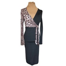 Shein SXY Women Black Leopard Print Wrap Tie Bodycon Midi Dress Long Sleeve S
