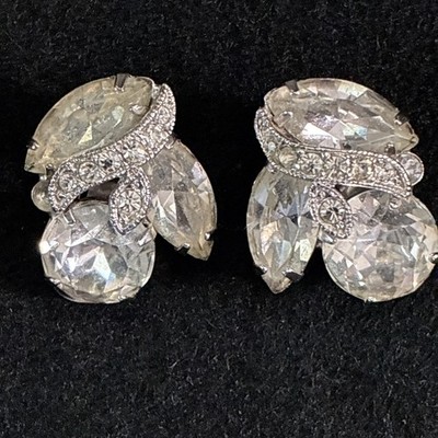 EISENBERG ICE SIGNED RHINESTONE EARRINGS VINTAGE CLUSTER CLIP 1950'S-1960'S