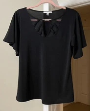 Notations Top Artsy Black Flutter Keyhole Pullover Women's PM Petite Medium