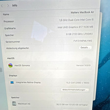 Apple MacBook Air 13,3" Retina 2560x1600 i5 1,6GHz 8GB 121GB SSD Grau