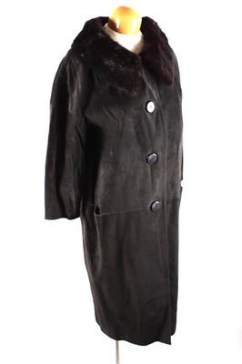 Vintage 1960s Leather Coat Jacket With Mink Fur Collar Women's Size Large