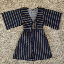 Lunik Dress Womens Small Navy Mustard Striped Tie Front Button Boho