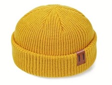 Yellow Fisherman Beanie Hat Ribbed Docker Winter Warm Knitted Skull Cap cuff