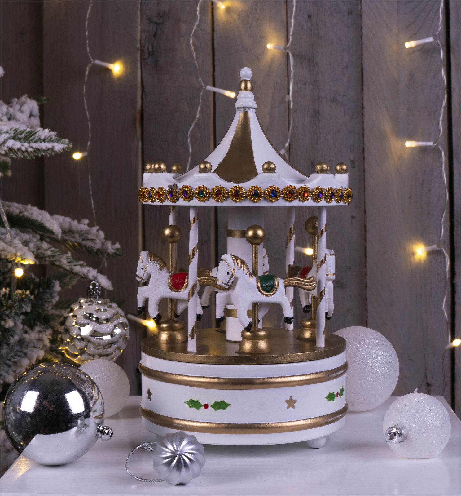 Home Festive Wooden Christmas White Gold Mechanical Carousel Music Box
