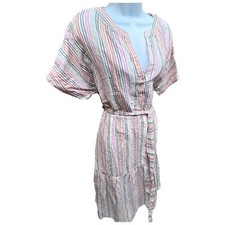 Gap Dress Women’s 12 Tall Pink Linen Stripe Colorful Candy Waist Tie V-Neck NEW