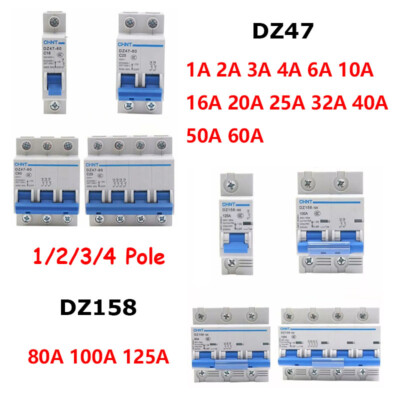 1A 2A 3A 4A 6A 10A 16A 20A to 125A 1/2/3/4 Pole MCB Circuit Breaker Fuse Type C
