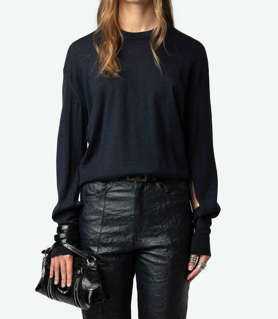 ZADIG & VOLTAIRE NWT $298 Emmy Cutout Merino Wool Sweater in Encre Navy Blue M