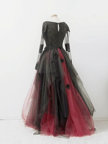 Black and Red Gothic Wedding Dresses V Neck Long Sleeves Lace Ruffles Tulle Gown - Picture 3 of 23