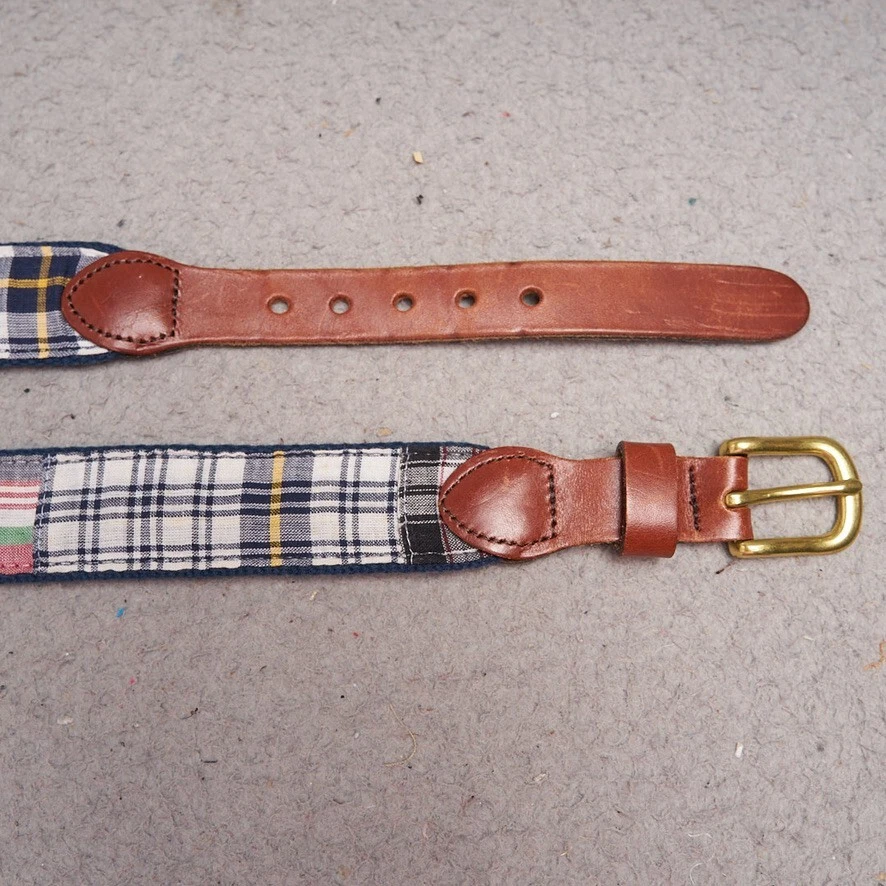 Cinturón Leather Man Ltd 28 Azul Madras Cuadros Algodón Lona Cuero Latón Para Hombre Foto 3 de 4