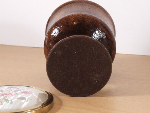 Vintage Wooden Trinket Box with Embroidered Lid Goblet Shape VGC - Picture 6 of 10