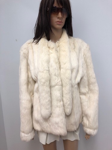 WHITE Ivory Rabbit FUR COAT JACKET Wedding Scarf Sz.L - Picture 2 of 7
