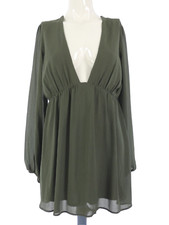Show Me Your MuMu Dress Smock Mini Dakota Olive Green Deep V Neck Long Sleeve M