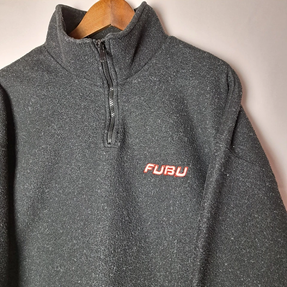 Винтажный FUBU свитер мужской один размер черный пуловер флис 1/4 молнии сделано в США 90-х - Изображение 4 из 4