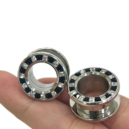 Surgical Steel Pressed Rimmed Black Clear CZ Screw Tunnel Ear Plugs Sold as Pair - Picture 25 of 26