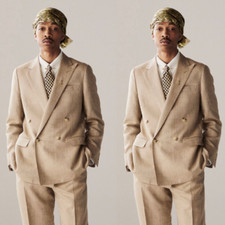 Linen Men's Suits Peak Lapel Double-Breasted Wedding Groom Tuxedo Slim Fit 2Pcs