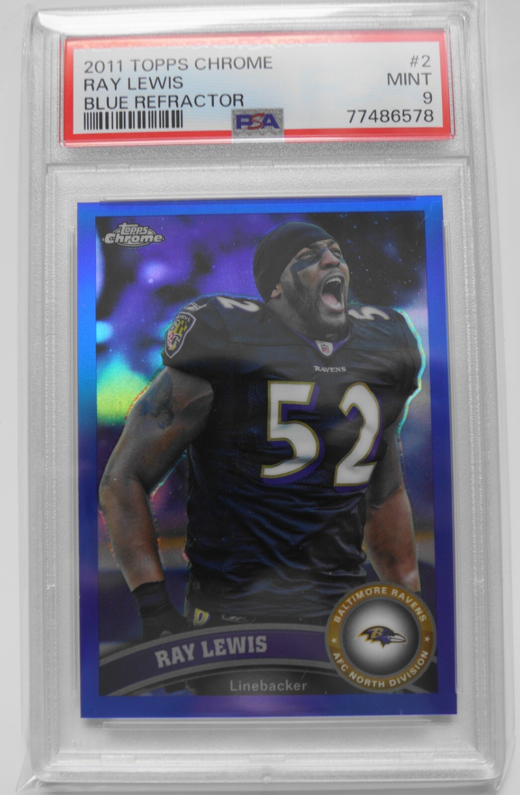 2011 Topps Chrome BLUE Refractor /199 RAY LEWIS Baltimore Ravens PSA 9 POP 4