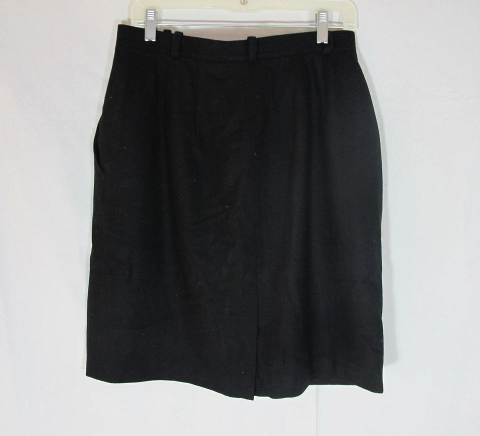 Black Wool Straight Knee Length Skirt Handmade Pockets Medium