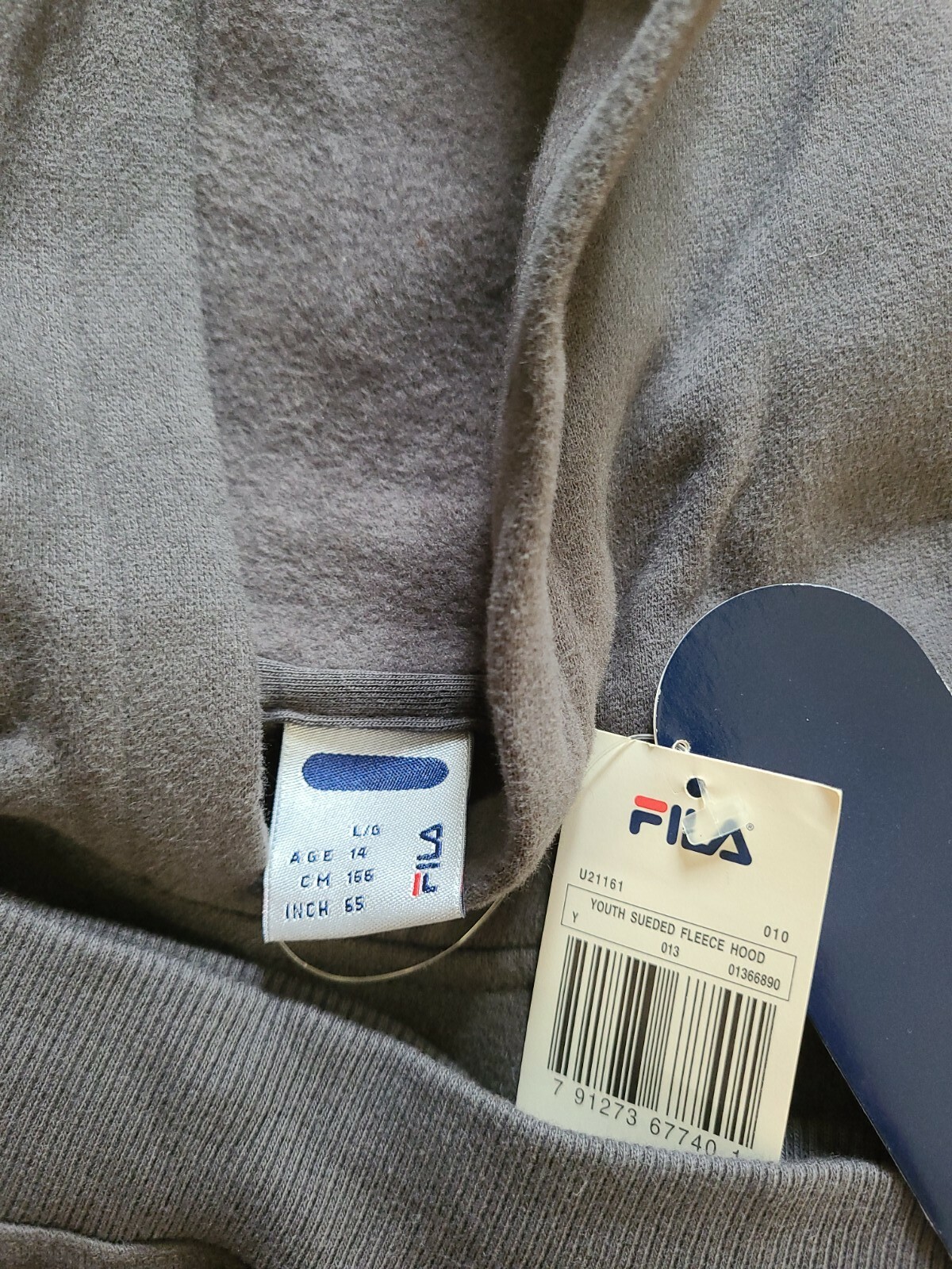 Nuovo con etichetta!! Felpa con cappuccio Fila grigia giovane taglia L pile scamosciato