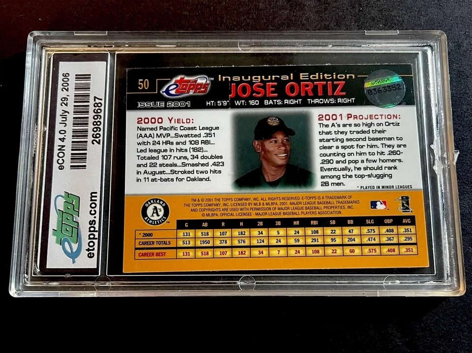 2001 E-Topps 1 Of 1 #50 Jose Ortiz E-Convention 4 Uncirculated 1/1 Rookie - Image 2 of 2
