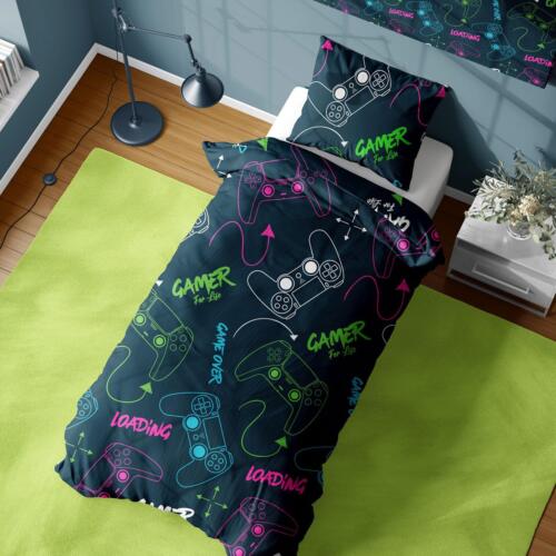Gamer For Life Single Duvet Cover & Pillowcase Set Neon Gaming Room Reversible - Picture 2 of 3