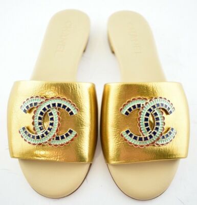 Chanel 19A Gold Laminated Lambskin CC Red Logo Slide Slip On