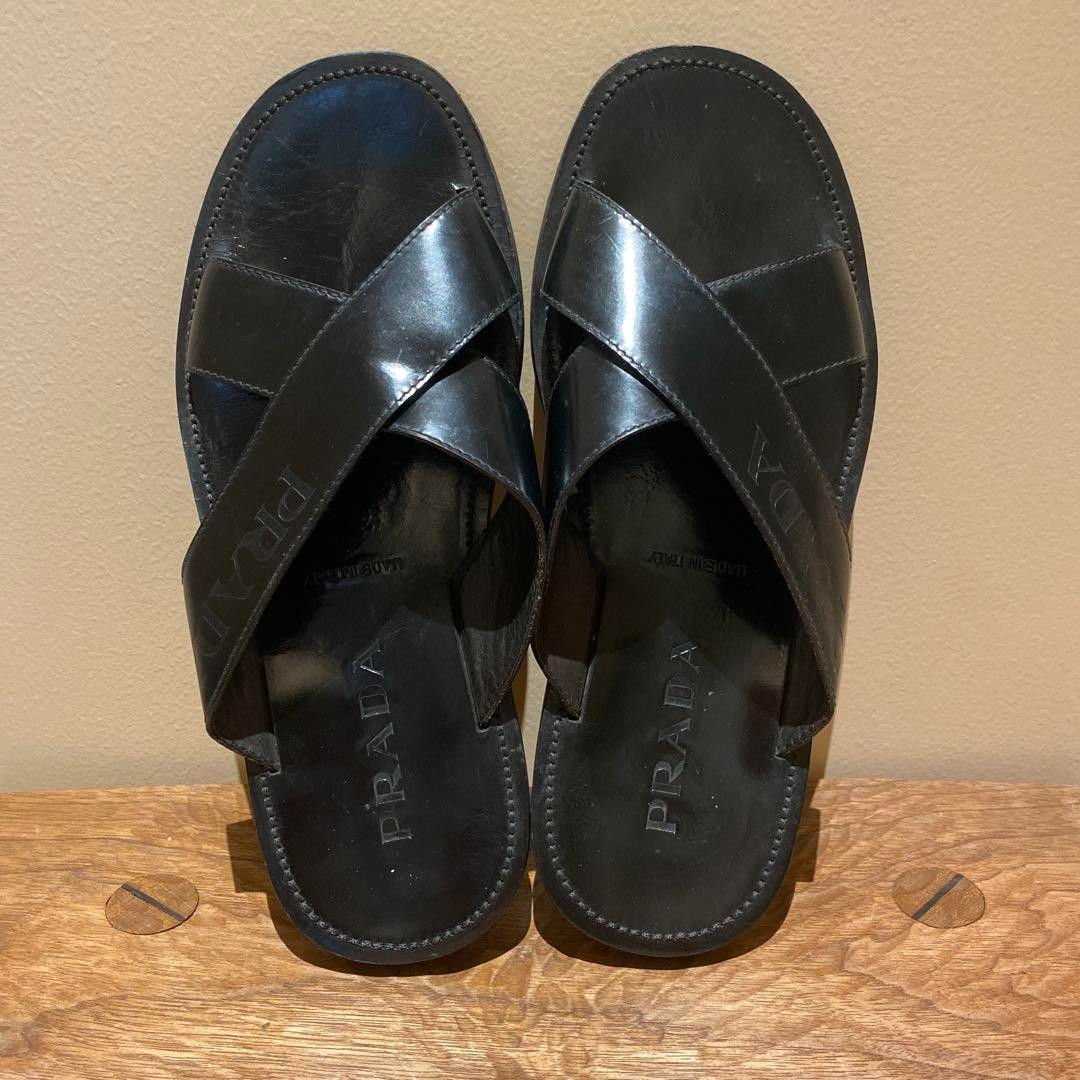 Authentic PRADA Black Cross Strap Sandals Men's Size Summer