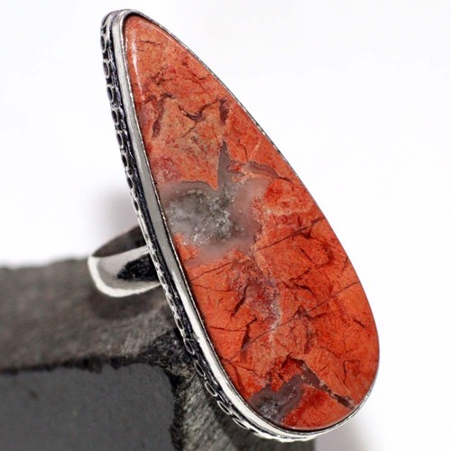 925 Silver Plated Red Rainbow Jasper Ethnic Ring Jewelry Size US 8 JW