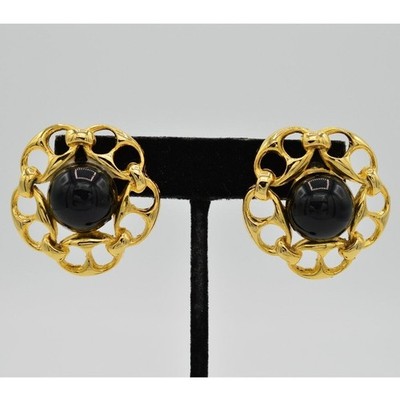 Vintage Cabochon Earrings Chain Link Round Gold Black Beaded Chunky NOS 1980s 9H