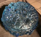Vintage Fenton Art Glass Blue Floral Powder Jar/Trinket Box with Lid 4x2.5 In