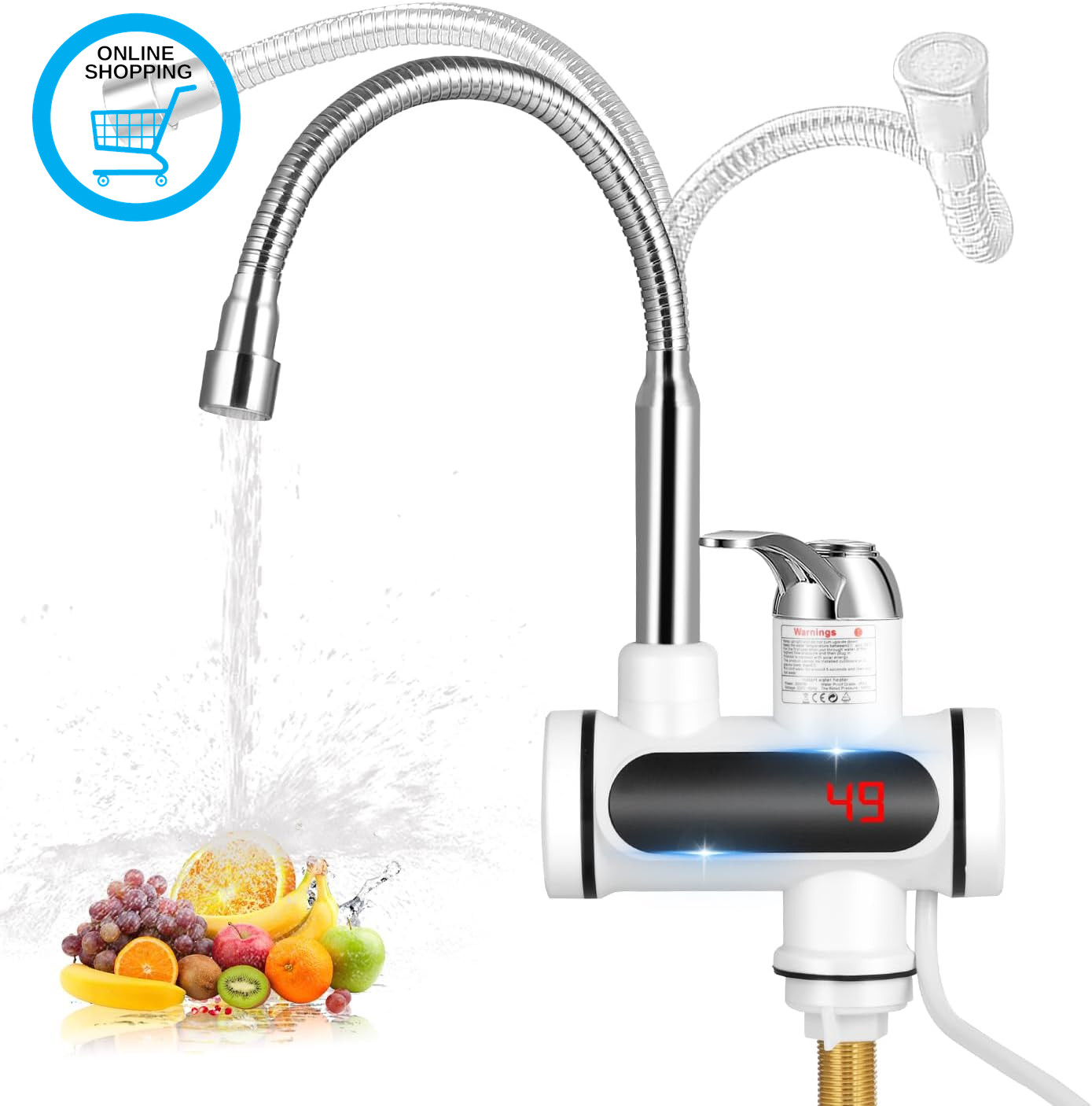 Instant Hot Water Tap, 220V 3000W Tankless Electric Water Heater with LED Displa