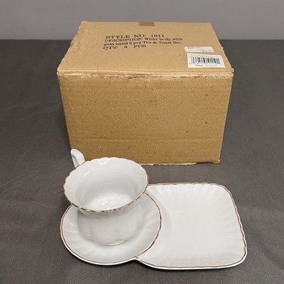 VTG White Porcelain Tea & Toast Snack Set, 8 Pcs W/ Gold Rim Swirl Design
