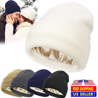 Warm Unisex Satin Lined Beanie Cap for Women Winter Silk Lining Sleep Cap US