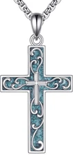 Cross Necklace 925 Sterling Silver Turquoise Cross Pendant Necklace Religious...