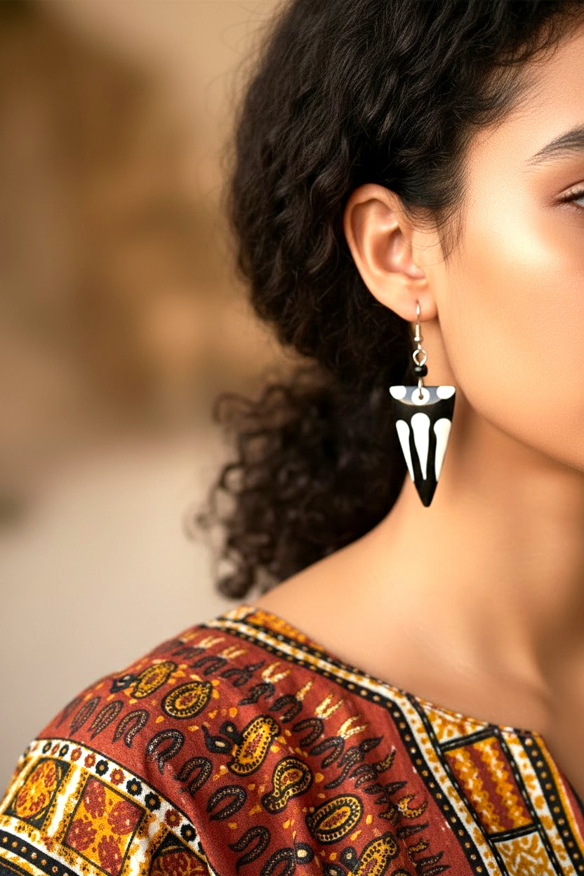 Black & White Triangle Dangle Hook Earrings Plastic Metal No Stone