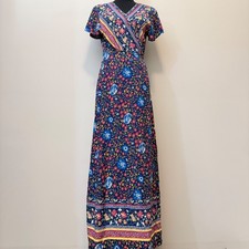 PRETTYGARDEN Women M Navy Floral Wrap Maxi Dress Flutter Sleeve Boho Tall Girl
