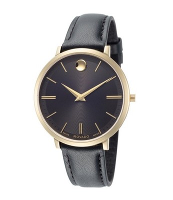 Movado Ultra Slim Women's Black Dial Leather Strap Quartz Watch - 0607091