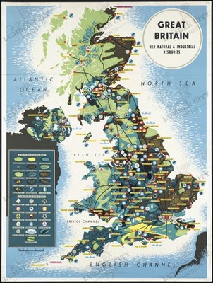 Great Britain Resources Map 1945 Poster Vintage WWII Wall Art Print Retro