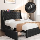 Queen Bed Frame with Tufted Wingback Headboard ,w/4 Drawers and Charging Station