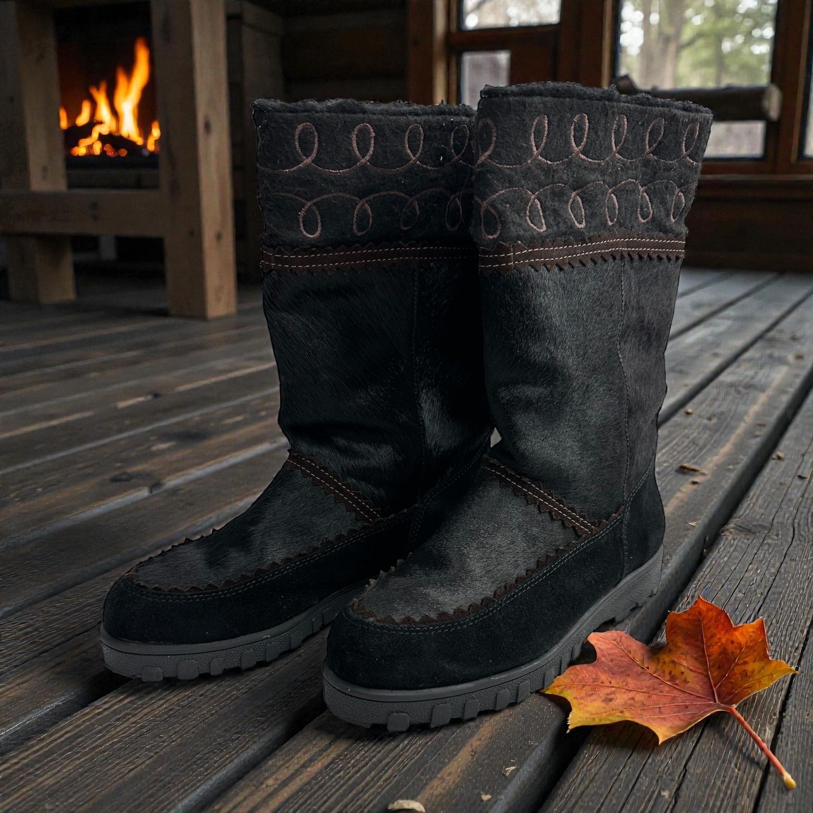 Khombu Palamino Black Suede Fur Trimmed Winter Boots Women 9