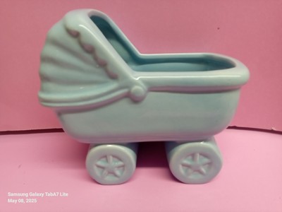 Vintage Ceramic Baby Nursery Planter Blue Carriage Stroller