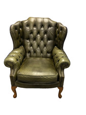 Snuggle Wing Back Cottage Fireside Chair EXTRA WIDE/Deep Buttoned Green Leather.
