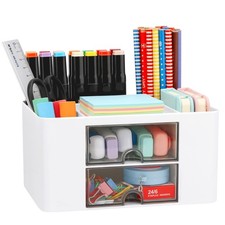 Desk Organizer with 2 Drawer, Plastic Desktop Pen Pencil Card Holder White