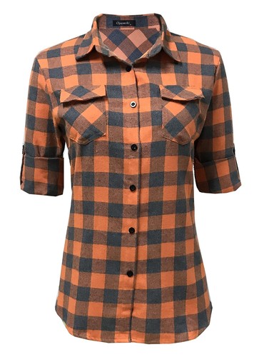 Womens Casual Cuffed Long Sleeve Boyfriend Button Down Plaid Flannel Shirt To... - Bild 3 von 4