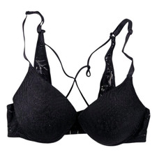 Victoria's Secret Push Up Bra Womens 32B Black Floral Lace Front Closure Strappy