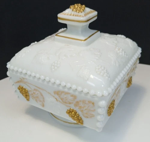 Vintage Westmoreland White Milk Glass Paneled Grape Covered Candy Dish
