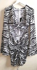 Pretty Little Thing Satin Zebra Print Mini Dress UK14 US10 EU42 Cut Out Ruched