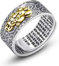 990 Silver Feng Shui PiXiu Adjustable Ring MANI Mantra Protection Wealth Ring