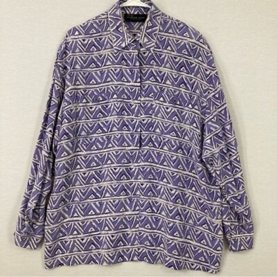August Silk x Diane Gilman Purple White Chevron 100% Silk Button Down Large