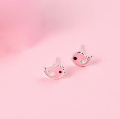 Adorable Tiny Animal Pink Chicken Silver Bird Chick Stud Earrings