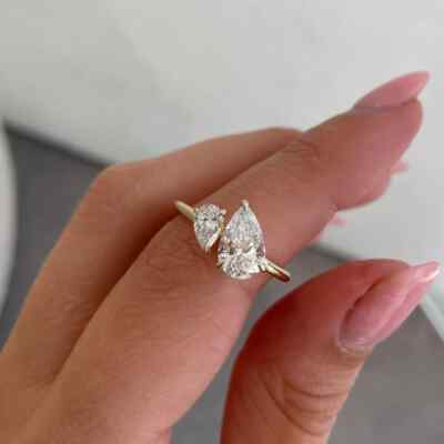 Teardrop Sterling Silver Two Stone Moissanite Pear Cut Women's Wedding Ring